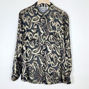 Vintage Chicos Womens Silk Burnout Button Up Top Size 2 US L Black Gold Paisley
